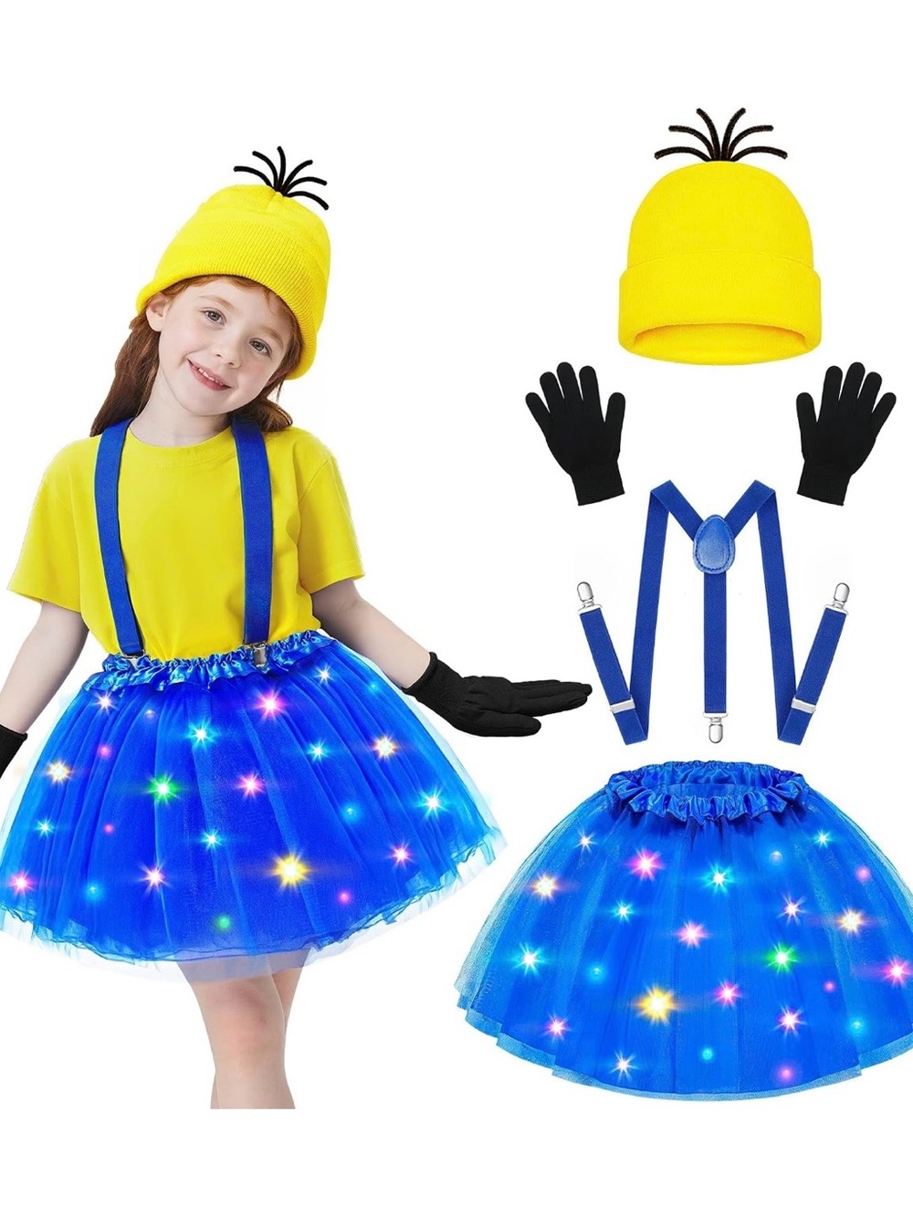 Kids Blue Light-Up Tutu Minion-Inspired Costume Set with Yellow Hat